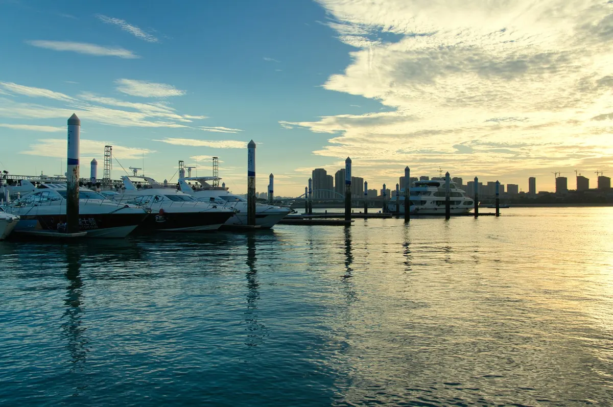 Sunset view of yachts moored at a marina with a city skyline backdrop.