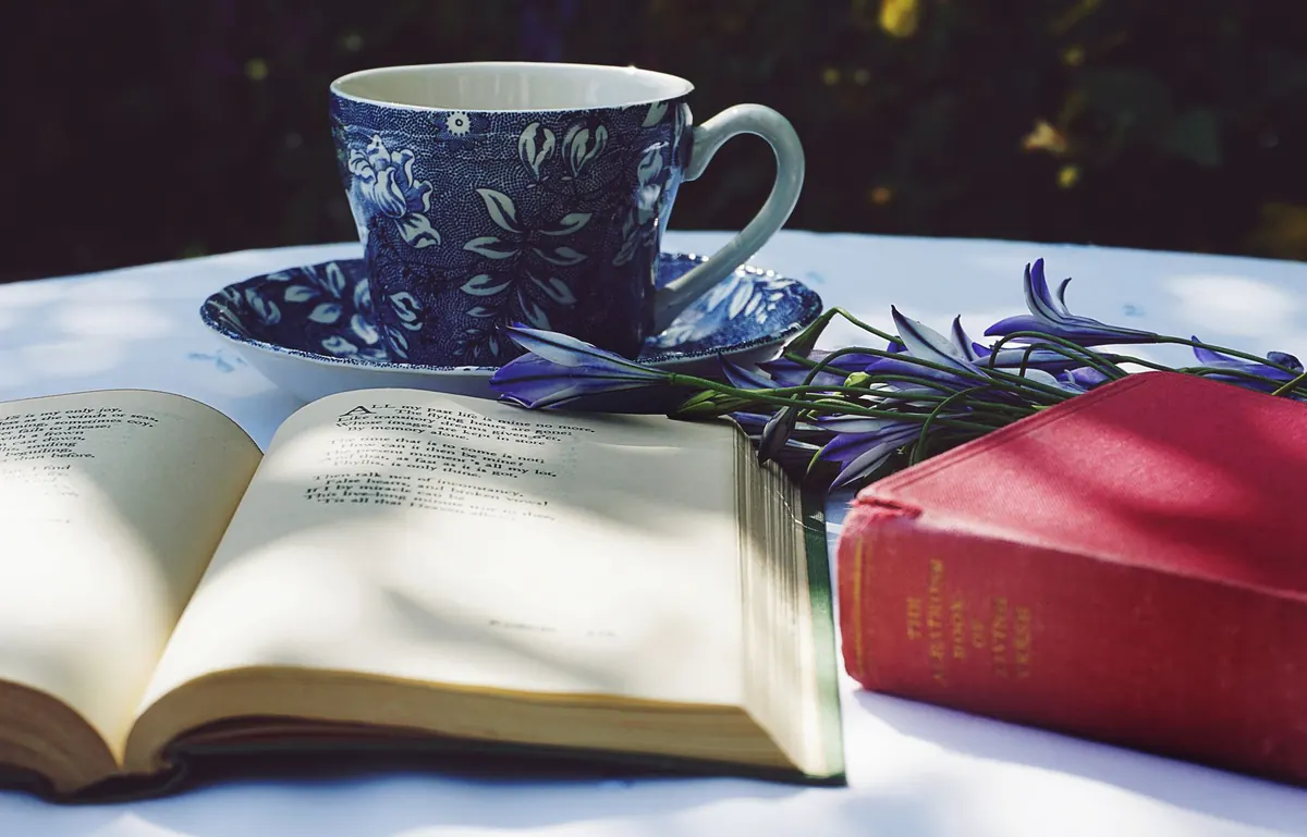 A peaceful outdoor scene with a teacup, open book, and flowers on a table, basking in sunlight.